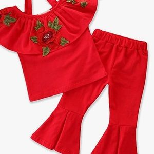 Red ruffle top bell bottoms flared pants flower